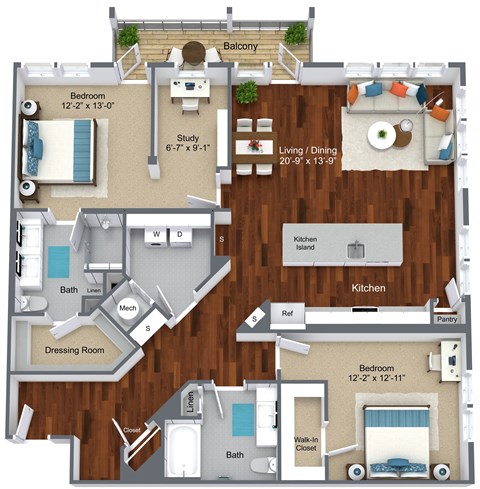 Floor plan for 2 beds, 2 baths, 1536 sqft